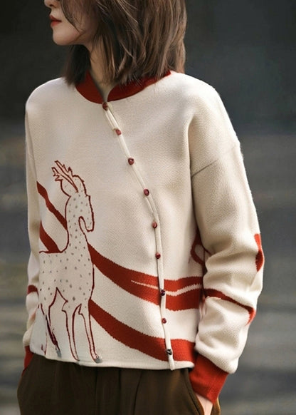 Französisch-aprikosenfarbener Stehkragen-Print Baumwollstrickpullover Frühling