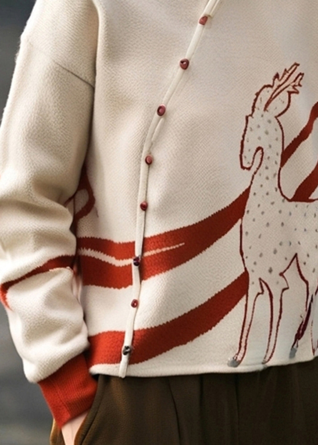 Französisch-aprikosenfarbener Stehkragen-Print Baumwollstrickpullover Frühling