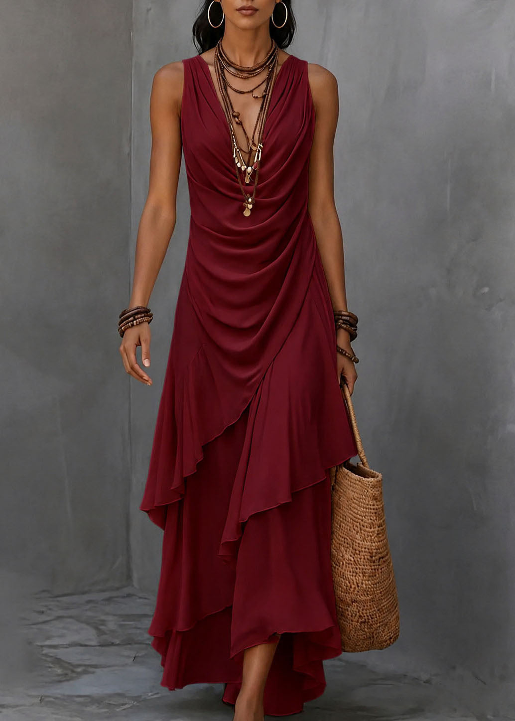 French Apricot V Neck Asymmetrical Ruffled Patchwork Chiffon Dress Sleeveless