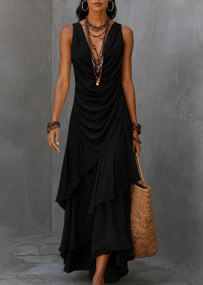 French Apricot V Neck Asymmetrical Ruffled Patchwork Chiffon Dress Sleeveless