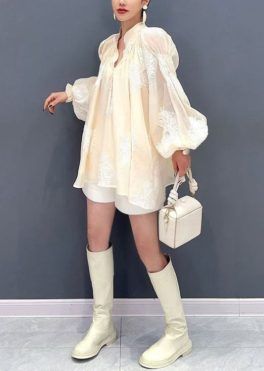 French Apricot V Neck Embroidered Lace Tops Puff Sleeve