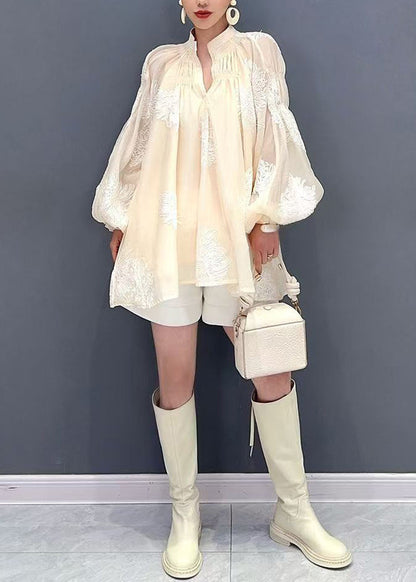 French Apricot V Neck Embroidered Lace Tops Puff Sleeve