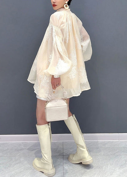 French Apricot V Neck Embroidered Lace Tops Puff Sleeve