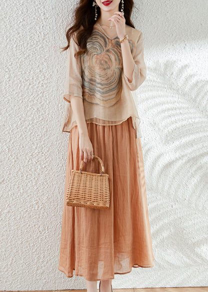 Conjunto de dos piezas de top y falda de algodón con cuello en V y estampado de patchwork de albaricoque francés para verano