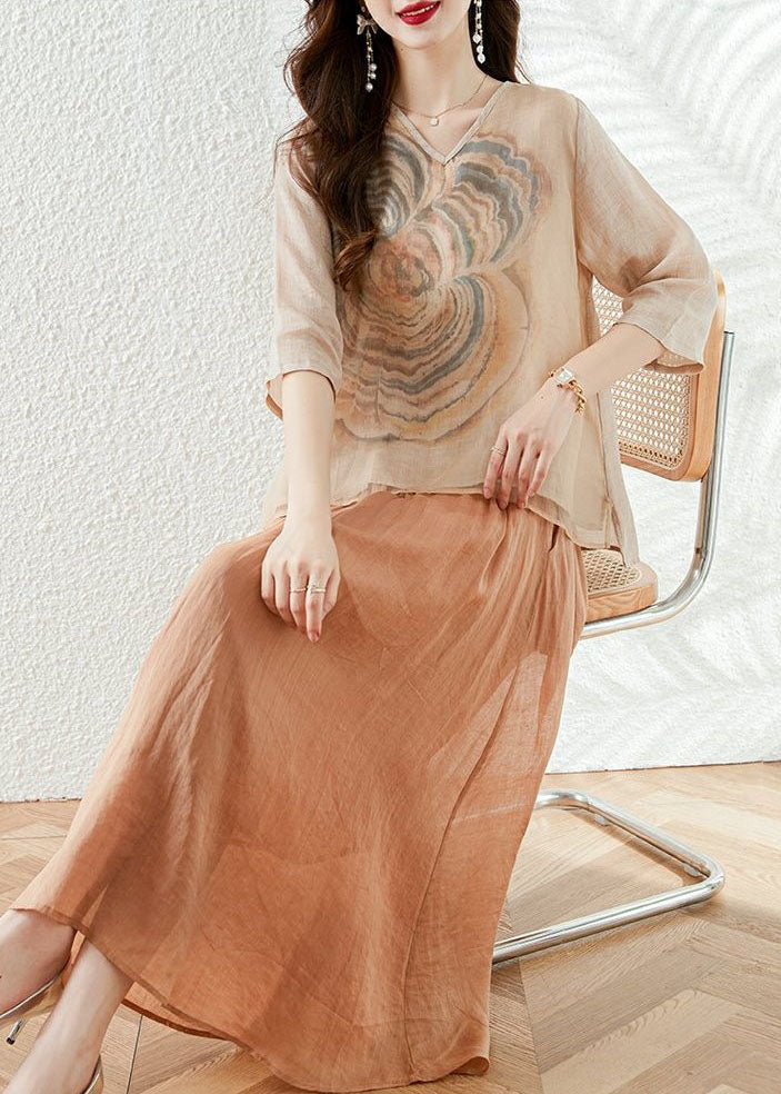 Conjunto de dos piezas de top y falda de algodón con cuello en V y estampado de patchwork de albaricoque francés para verano