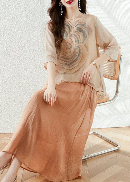 Conjunto de dos piezas de top y falda de algodón con cuello en V y estampado de patchwork de albaricoque francés para verano