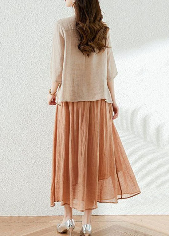 Conjunto de dos piezas de top y falda de algodón con cuello en V y estampado de patchwork de albaricoque francés para verano