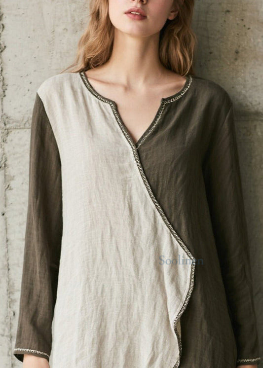 Französisch-olivgrünes, asymmetrisches Patchwork-Baumwollkleid für den Frühling