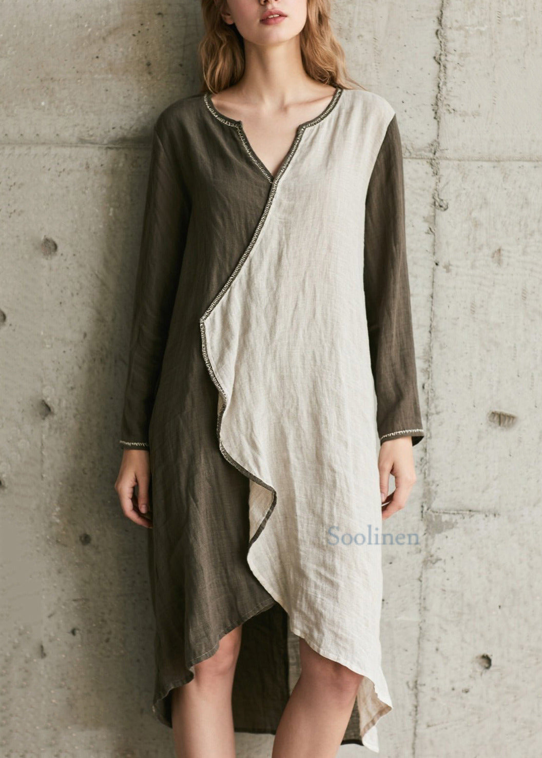 Französisch-olivgrünes, asymmetrisches Patchwork-Baumwollkleid für den Frühling