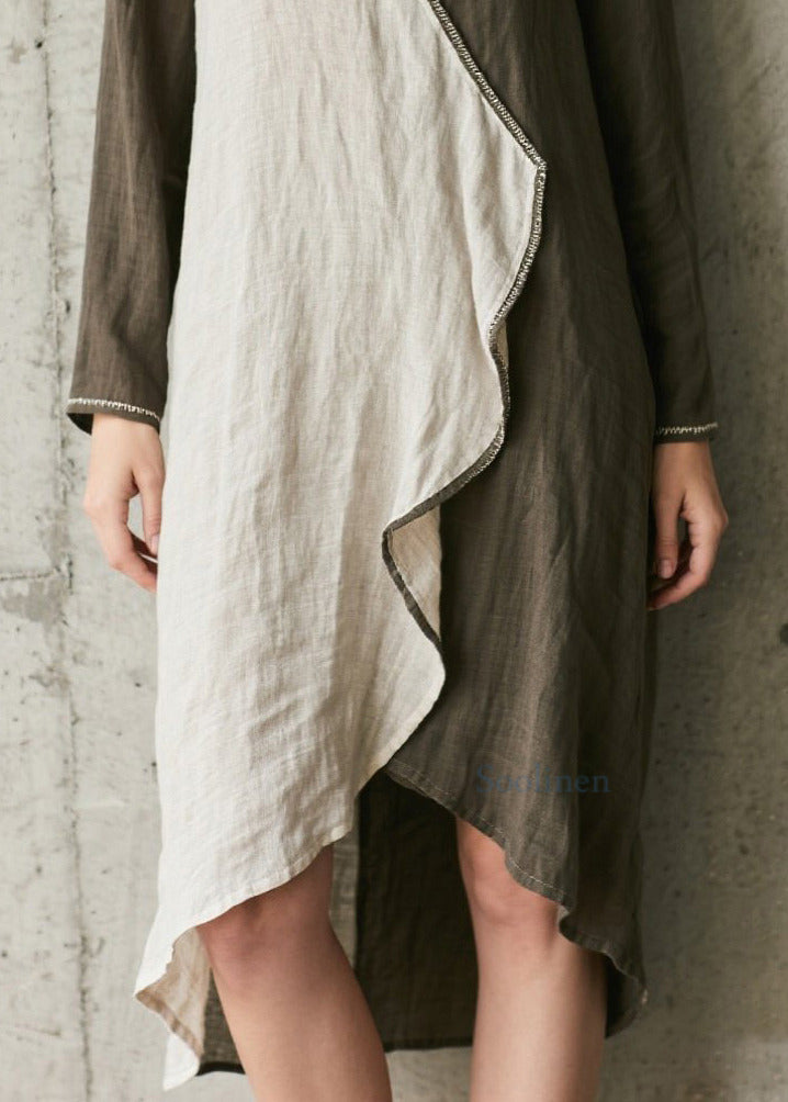 Französisch-olivgrünes, asymmetrisches Patchwork-Baumwollkleid für den Frühling