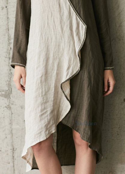 Französisch-olivgrünes, asymmetrisches Patchwork-Baumwollkleid für den Frühling