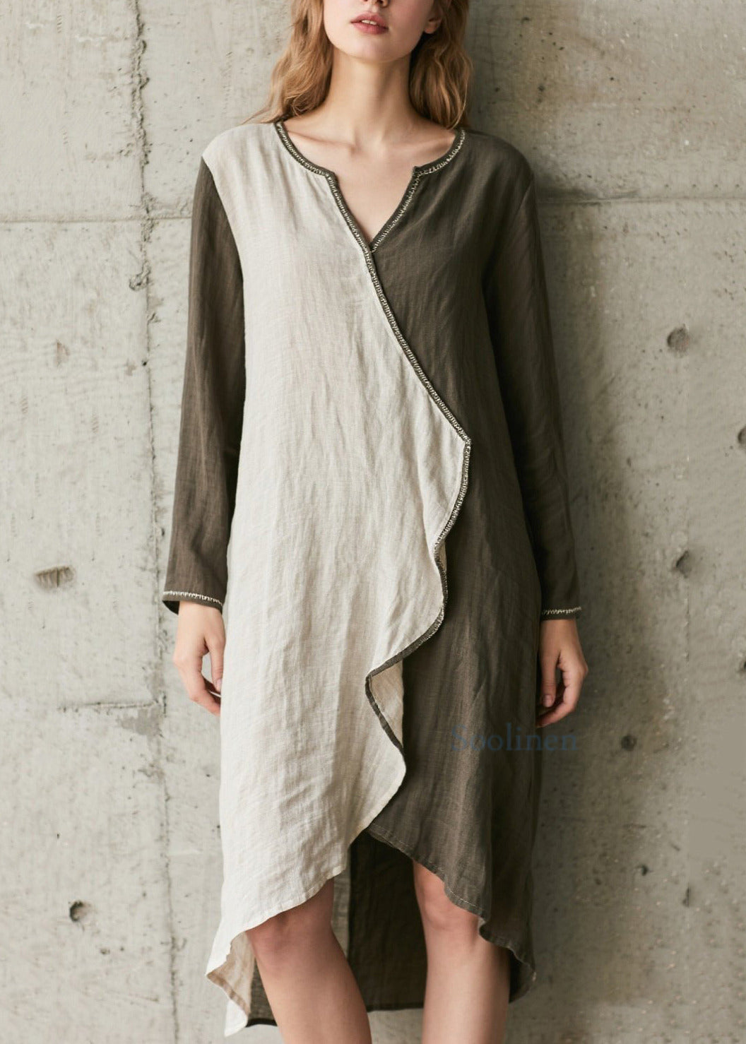 Französisch-olivgrünes, asymmetrisches Patchwork-Baumwollkleid für den Frühling