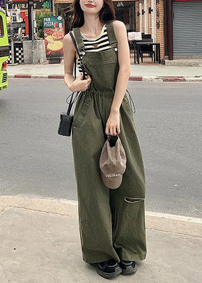 Ärmelloser Jumpsuit aus Baumwolle in französischem Armeegrün mit Kordelzugtaschen