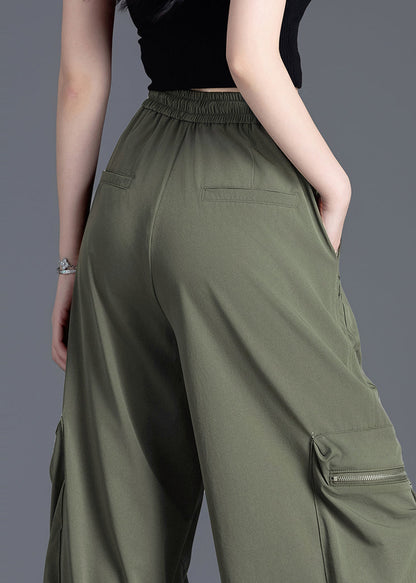 French Army Green Elastic Waist Pockets Nylon Pants Spring