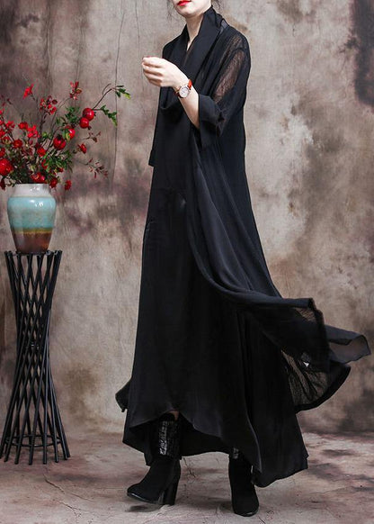 French Asymmetric Flowy Black Chiffon Cardigan Oversized Coats - SooLinen