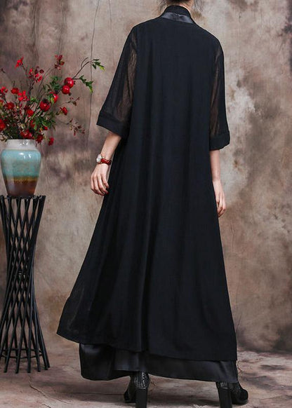 French Asymmetric Flowy Black Chiffon Cardigan Oversized Coats - SooLinen