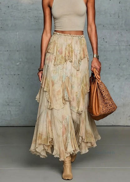 French Asymmetrical Design Ruffled Patchwork Chiffon Skirt Summer