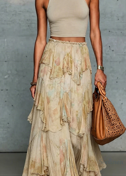 French Asymmetrical Design Ruffled Patchwork Chiffon Skirt Summer