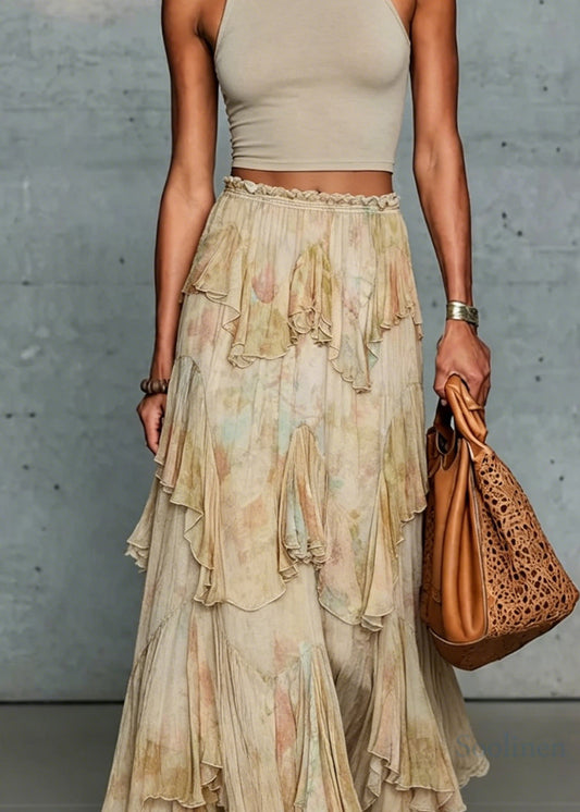 French Asymmetrical Design Ruffled Patchwork Chiffon Skirt Summer