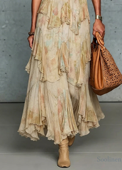 French Asymmetrical Design Ruffled Patchwork Chiffon Skirt Summer