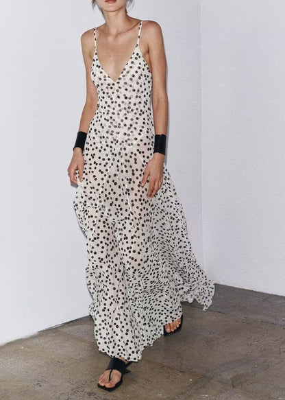 French Backless Dot Print Chiffon Spaghetti Strap Dress Sleeveless