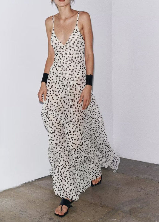 French Backless Dot Print Chiffon Spaghetti Strap Dress Sleeveless