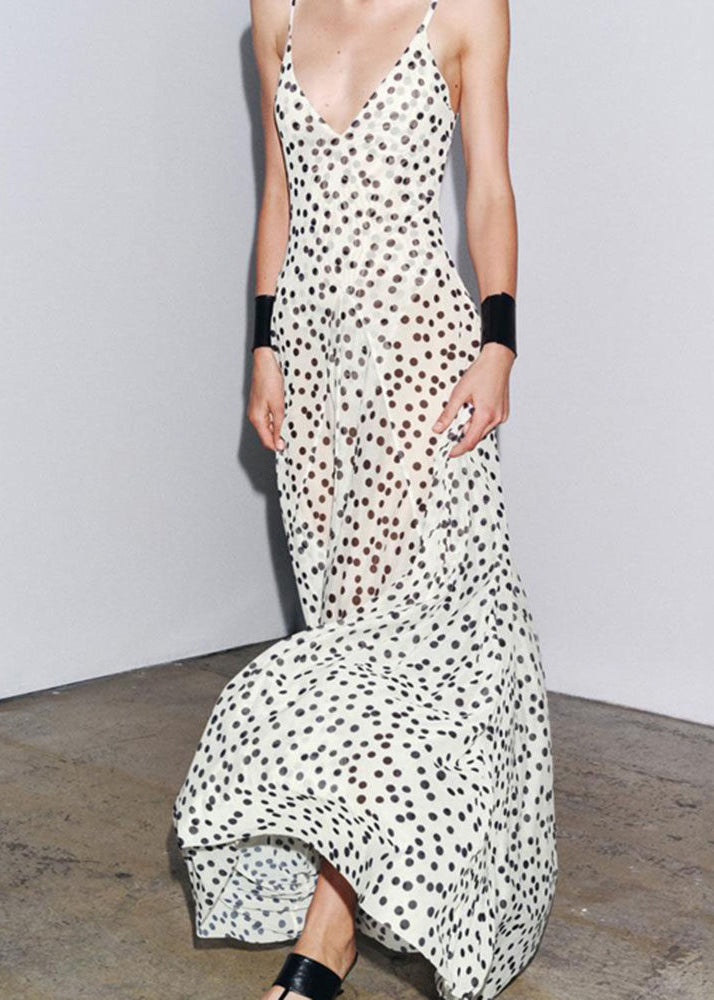 French Backless Dot Print Chiffon Spaghetti Strap Dress Sleeveless