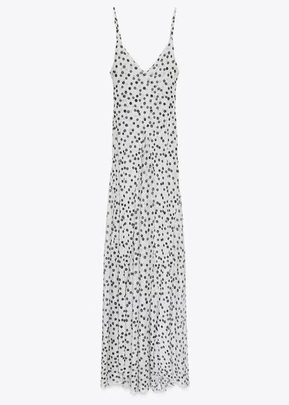 French Backless Dot Print Chiffon Spaghetti Strap Dress Sleeveless