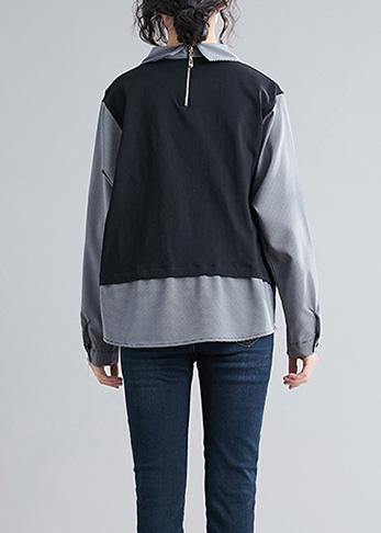 French Batwing Sleeve patchwork shirts women Sewing black shirts - SooLinen