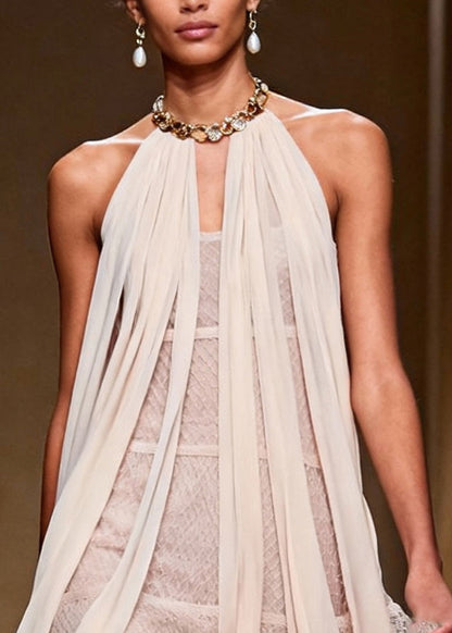 French Beige Cold Shoulder Mesh Halter Dress Summer