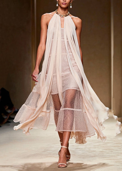 French Beige Cold Shoulder Mesh Halter Dress Summer