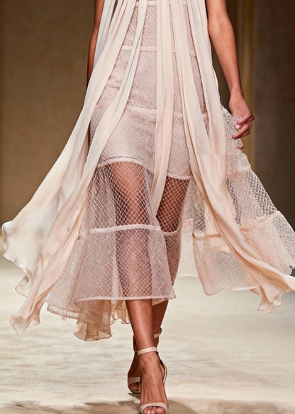 French Beige Cold Shoulder Mesh Halter Dress Summer