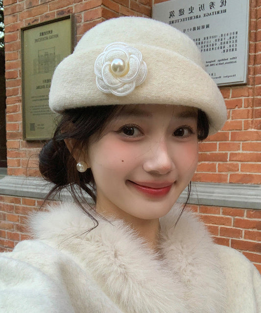 French Beige Floral Pearl Woolen Bucket Hat