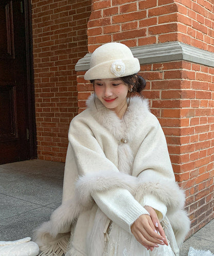 French Beige Floral Pearl Woolen Bucket Hat