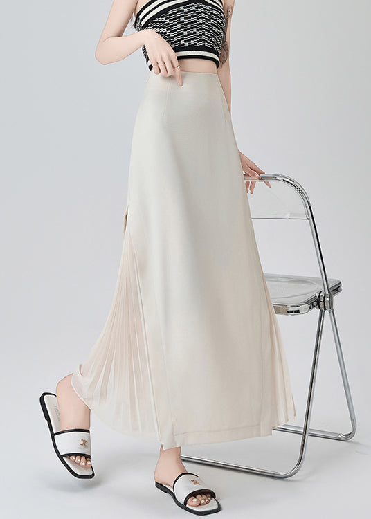 Französischer beigefarbener, hochtaillierter, drapierter Chiffon-Plisseerock für den Frühling