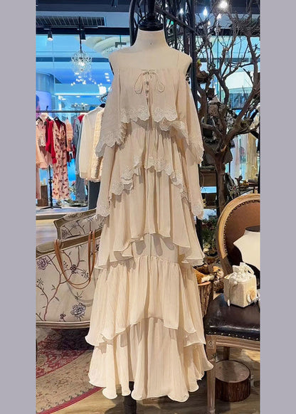 French Beige Lace Up Lace Spaghetti Strap Dress Sleeveless