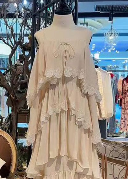 French Beige Lace Up Lace Spaghetti Strap Dress Sleeveless