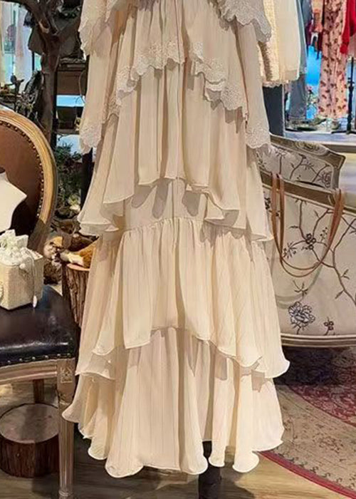 French Beige Lace Up Lace Spaghetti Strap Dress Sleeveless