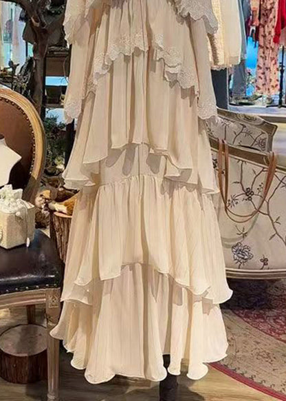 French Beige Lace Up Lace Spaghetti Strap Dress Sleeveless