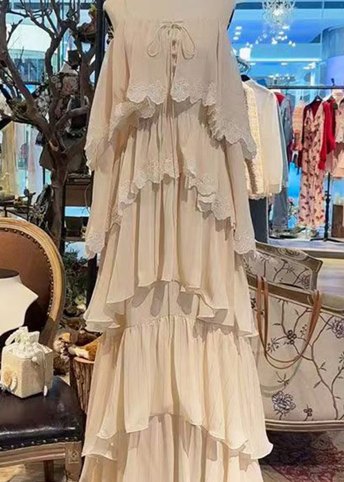 French Beige Lace Up Lace Spaghetti Strap Dress Sleeveless