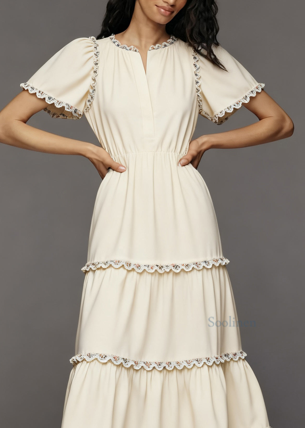 French Beige Layered Lace Patchwork Cotton Dress Summer