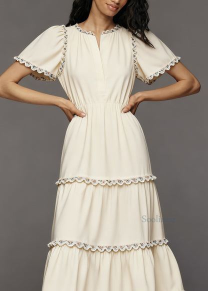 French Beige Layered Lace Patchwork Cotton Dress Summer