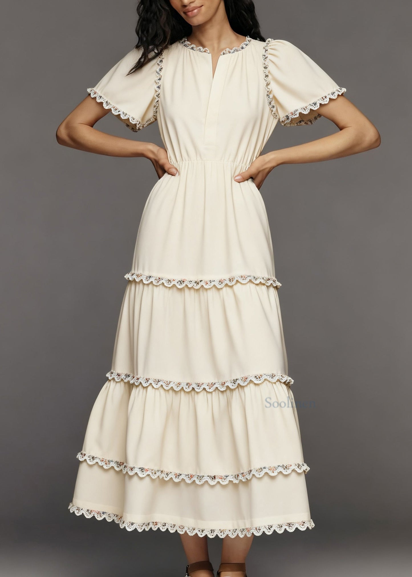 French Beige Layered Lace Patchwork Cotton Dress Summer