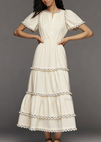French Beige Layered Lace Patchwork Cotton Dress Summer