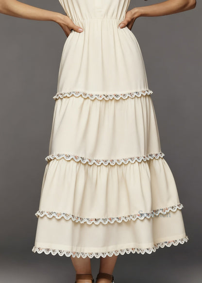 French Beige Layered Lace Patchwork Cotton Dress Summer