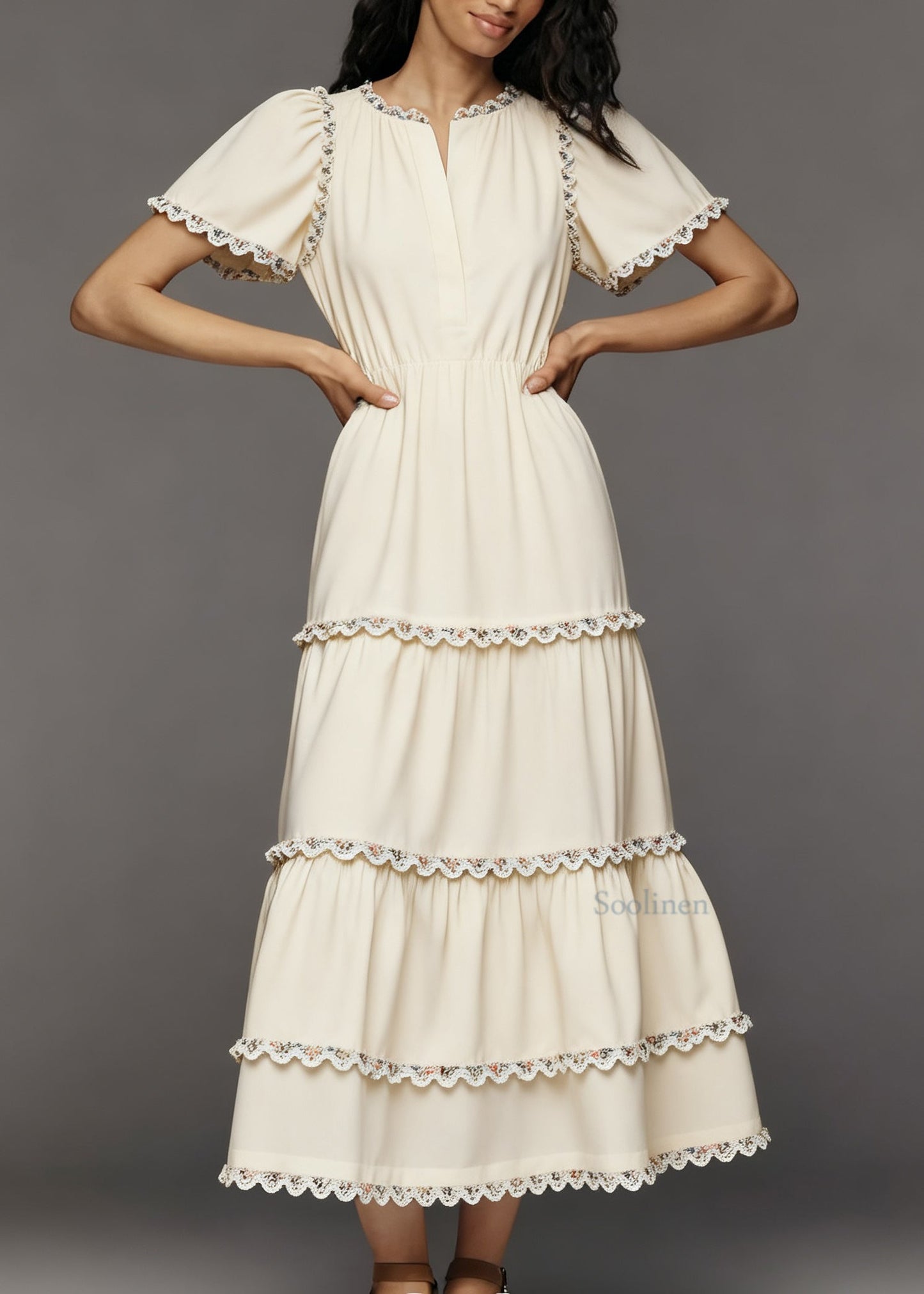 French Beige Layered Lace Patchwork Cotton Dress Summer