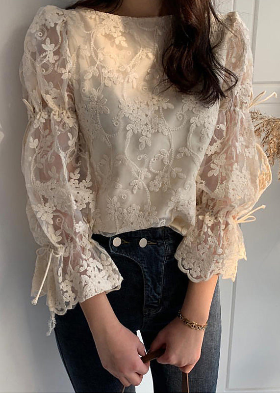 French Beige O-Neck Embroidered Lace Tops Flare Sleeve