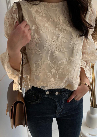 French Beige O-Neck Embroidered Lace Tops Flare Sleeve