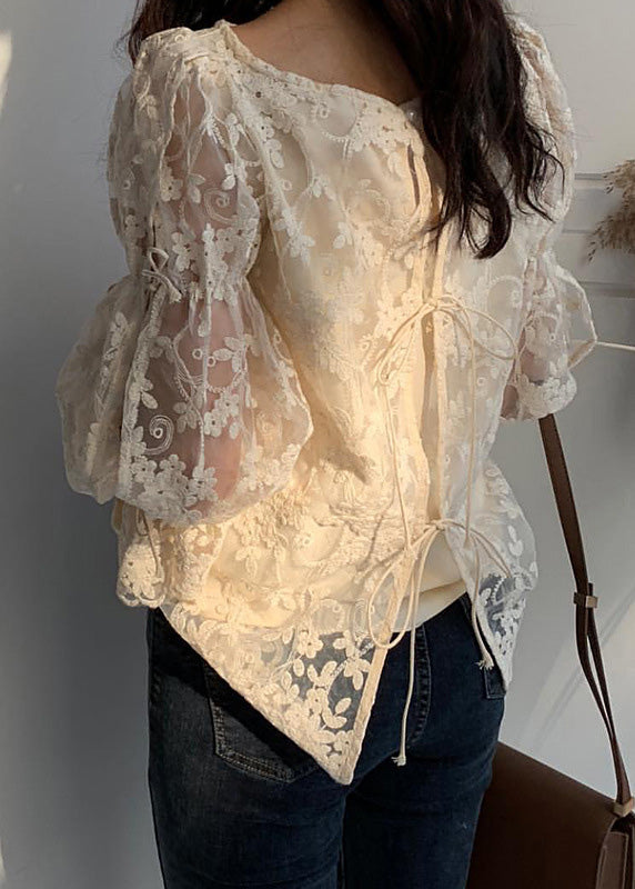 French Beige O-Neck Embroidered Lace Tops Flare Sleeve