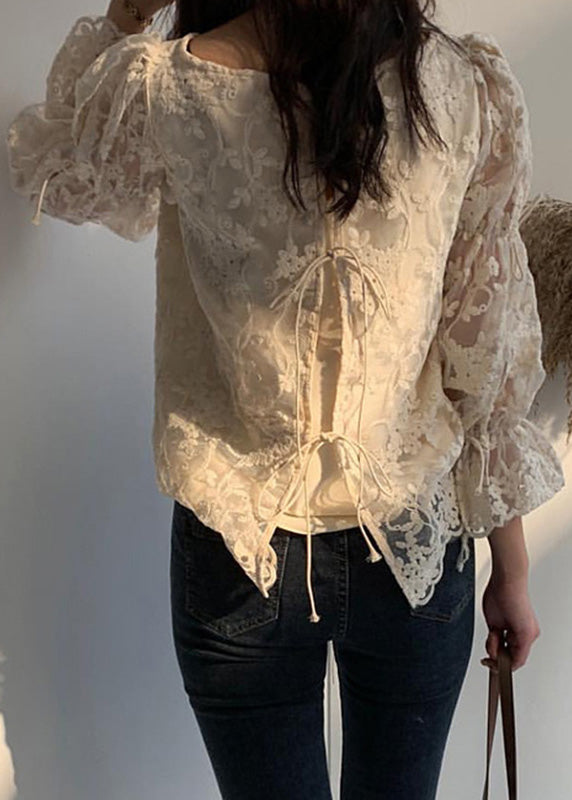 French Beige O-Neck Embroidered Lace Tops Flare Sleeve